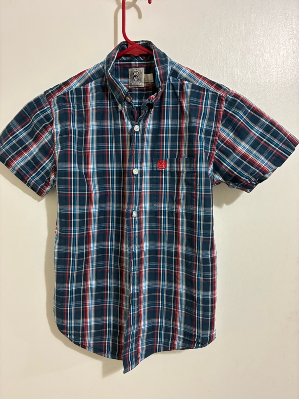 Cinch Short-Sleeve Plaid Button-Down Shirt - Navy, Red & White boys size 8